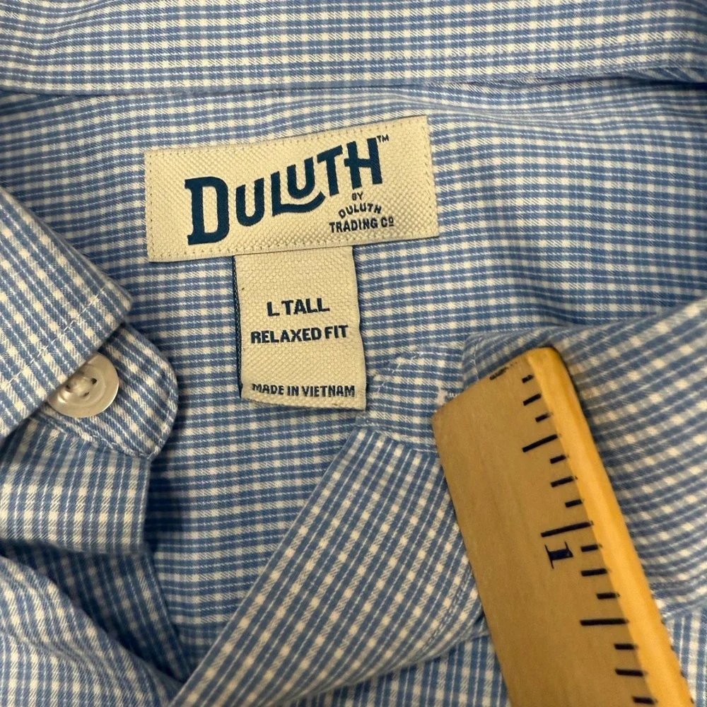 Duluth Trading Co Mens L Tall Relaxed Fit Long Sleeve Button‎ Down Blue Gingham - Picture 2 of 6